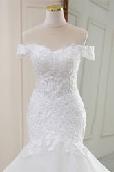 White Lace Off-the-Shoulder Trumpet Long Wedding Dress